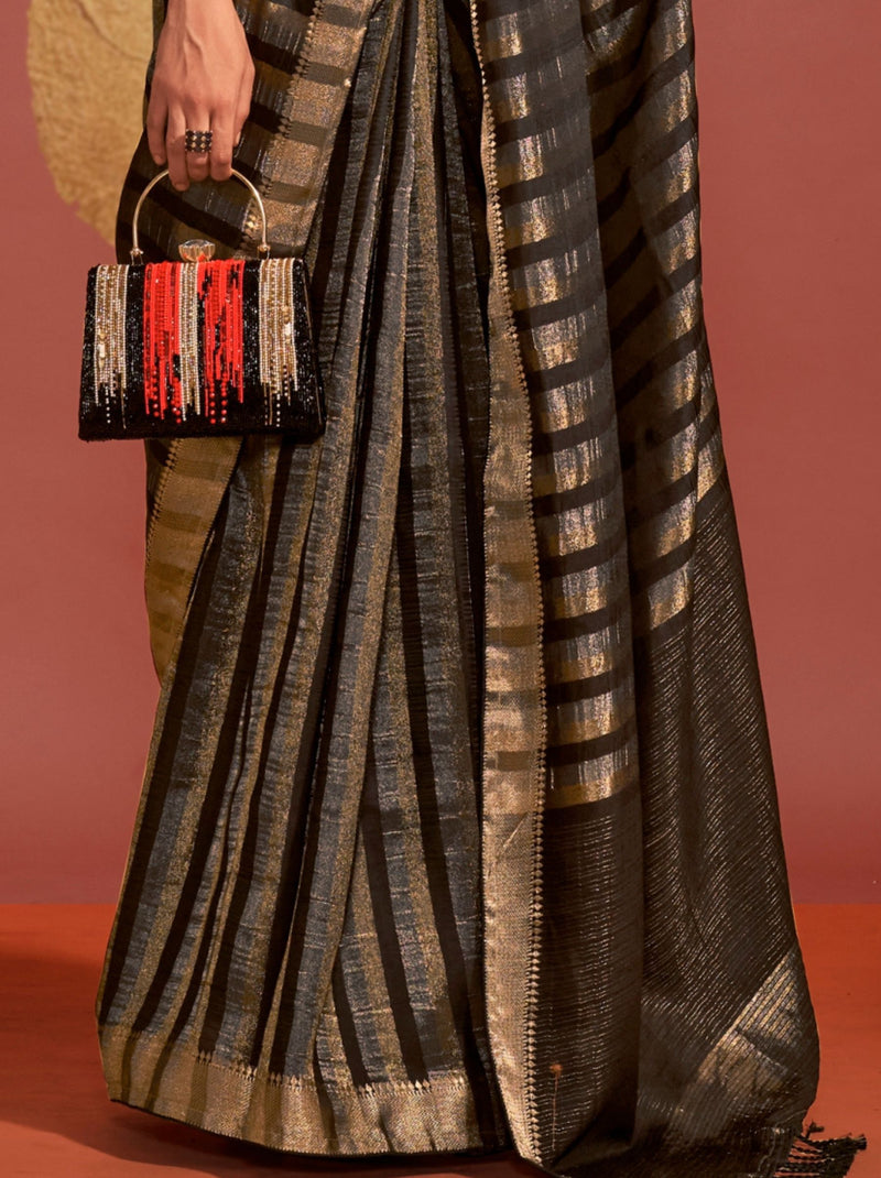 Metal Black Handwoven Silk Saree - TrendOye