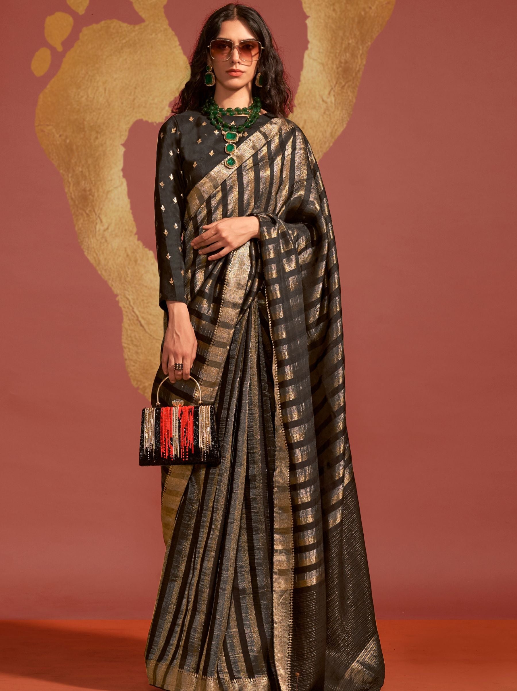 Metal Black Handwoven Silk Saree - TrendOye