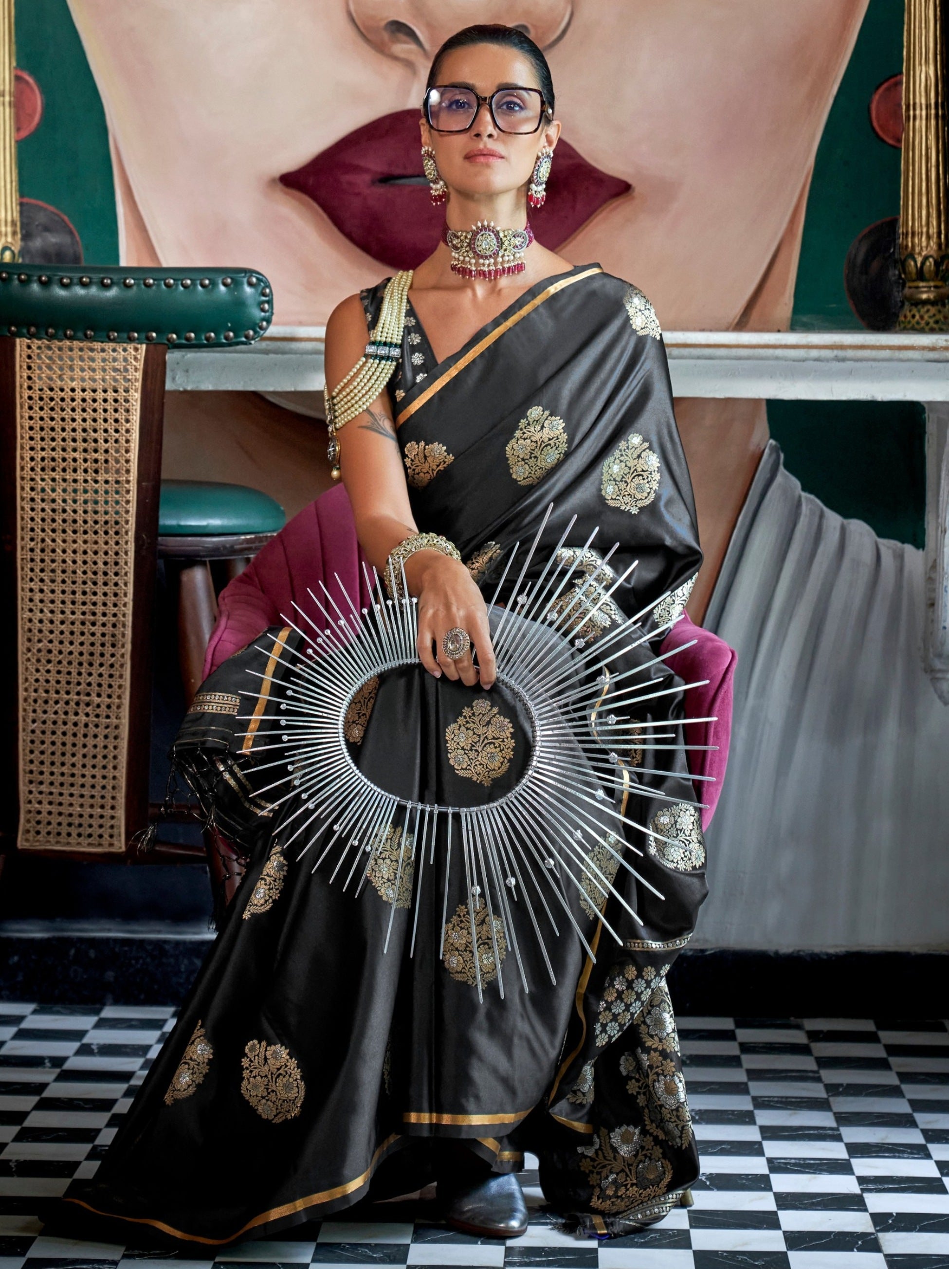 Black Ethnic Designer Satin Saree With Floral Motifs - TrendOye