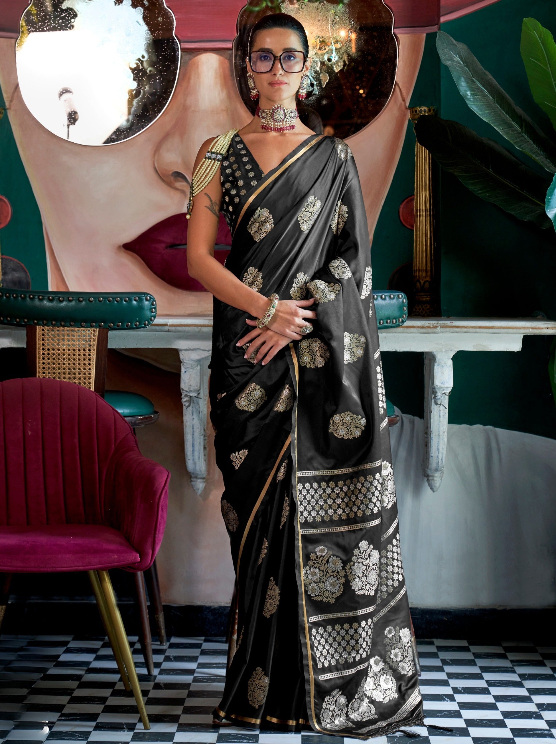 Black Ethnic Designer Satin Saree With Floral Motifs - TrendOye