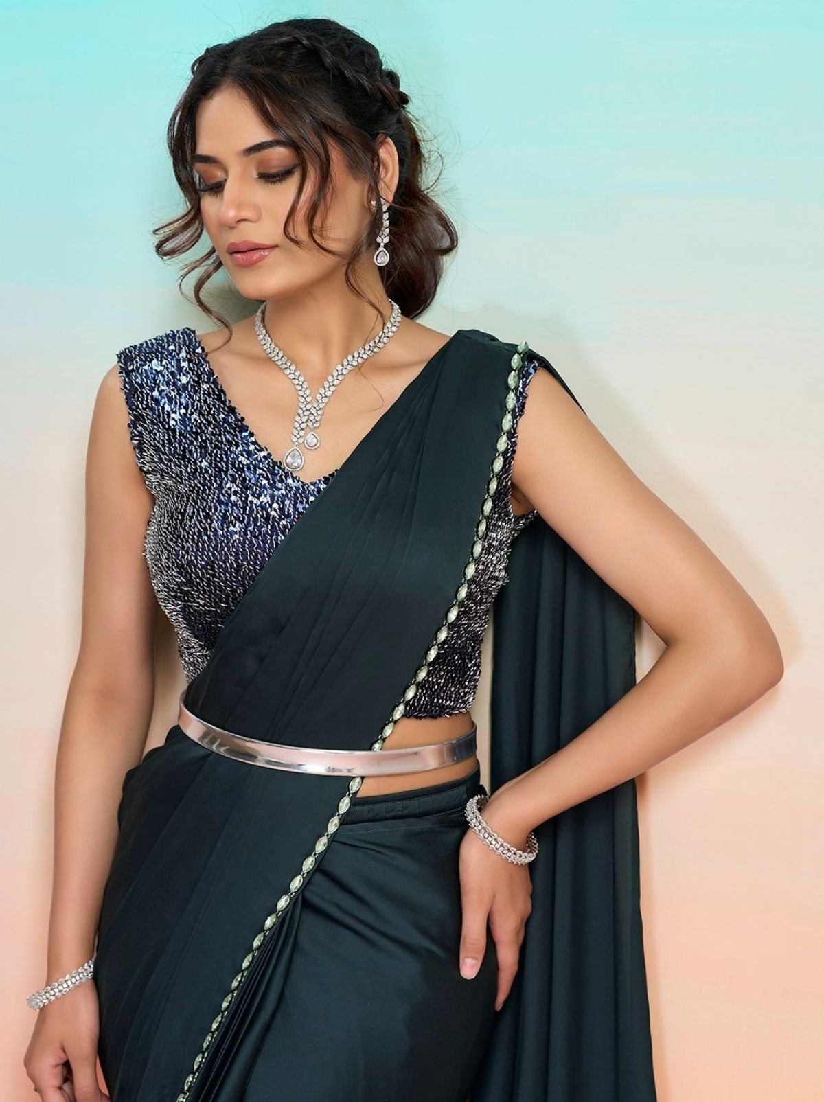 Carbon Black Ready to Wear Premium Satin Silk Pearl Work Saree