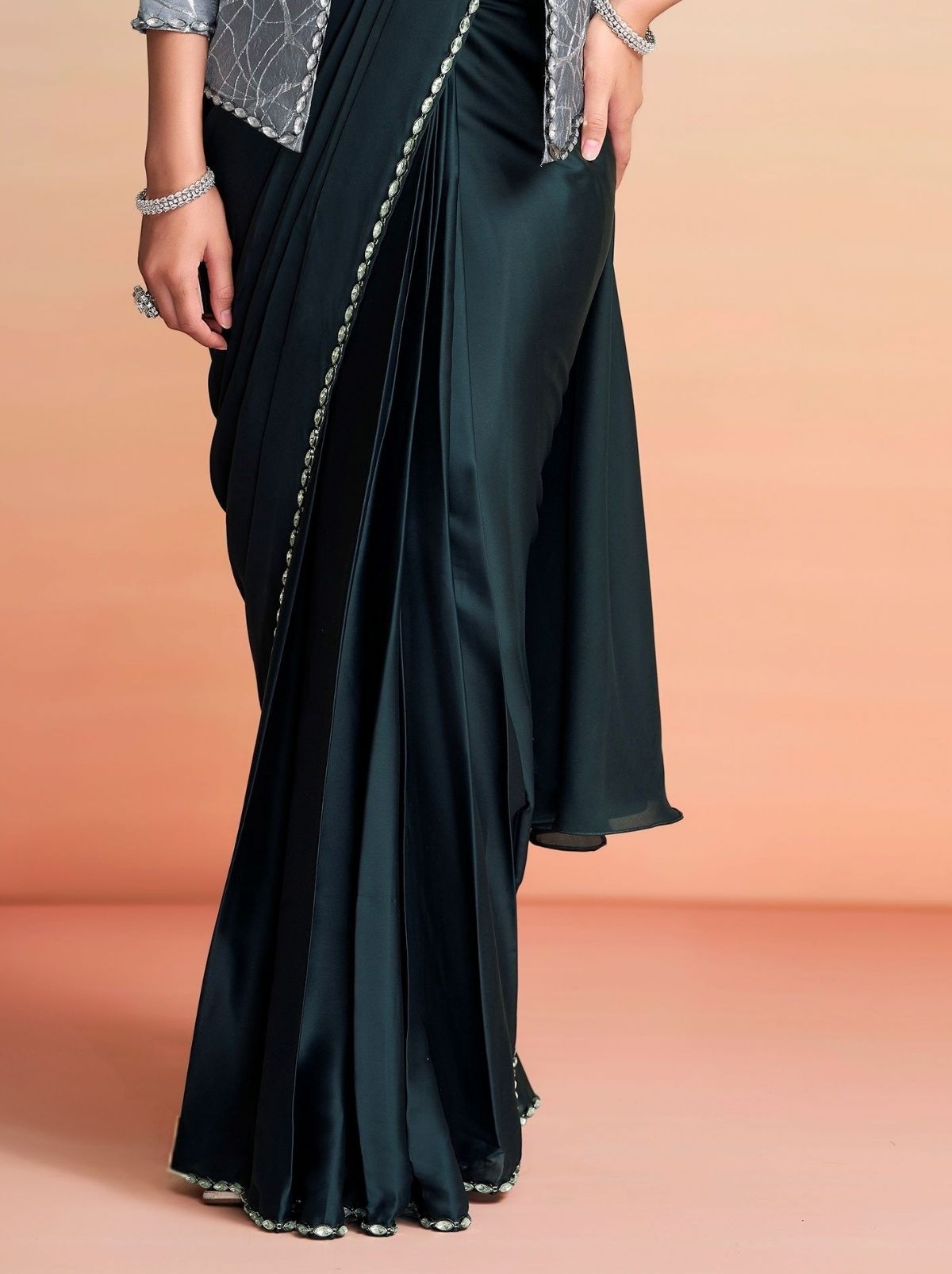 Carbon Black Ready to Wear Premium Satin Silk Pearl Work Saree