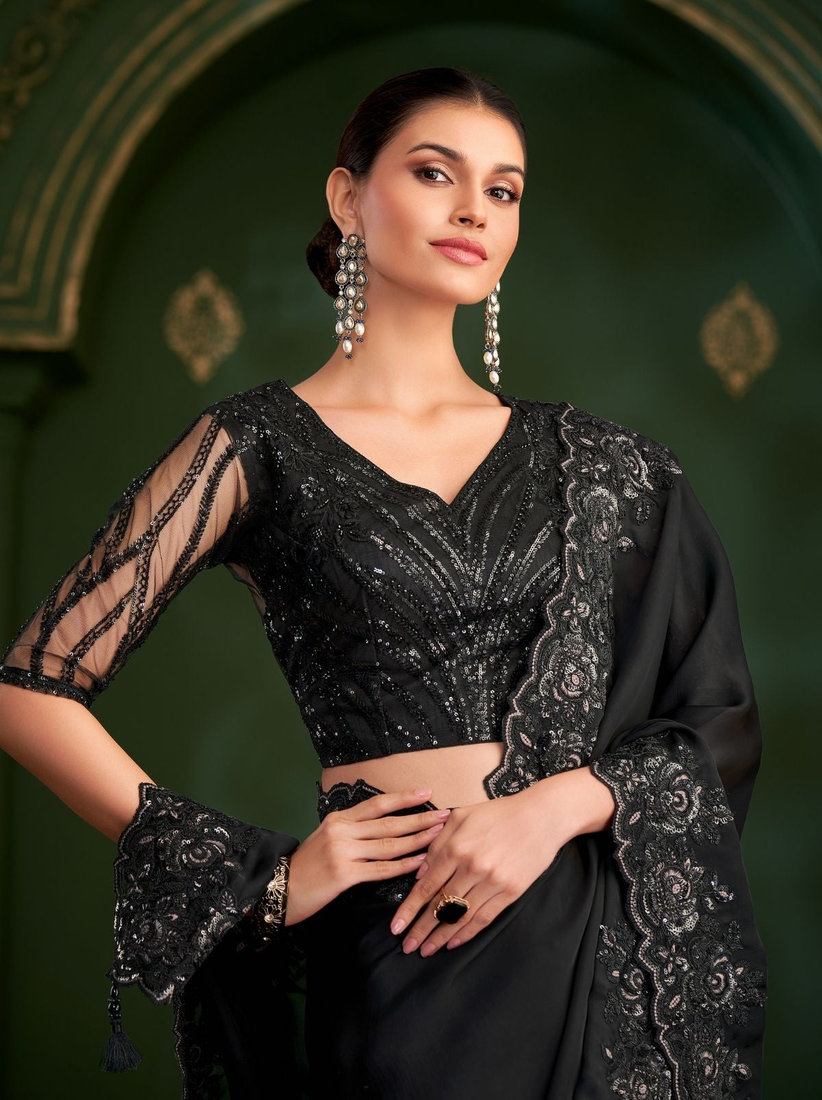 Black Regal Designer Georgette Silk Saree for Brides