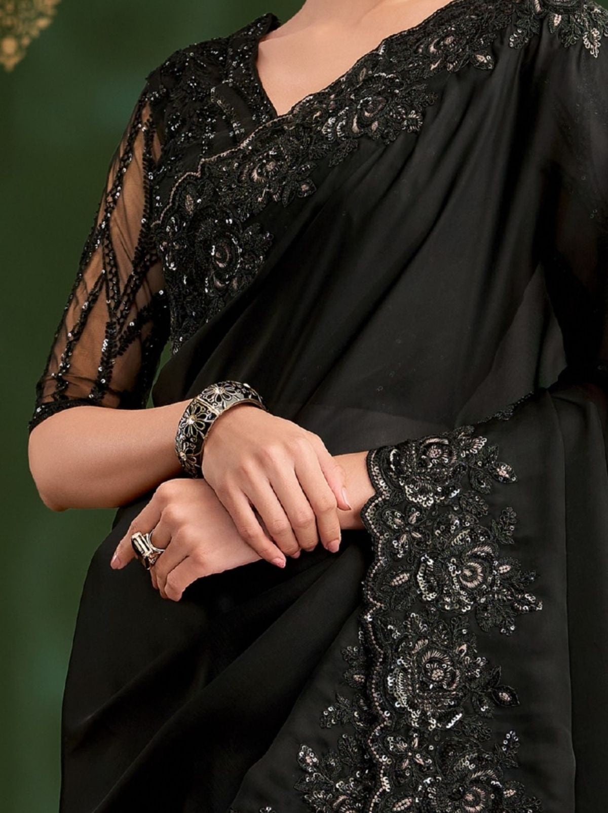 Black Regal Designer Georgette Silk Saree for Brides