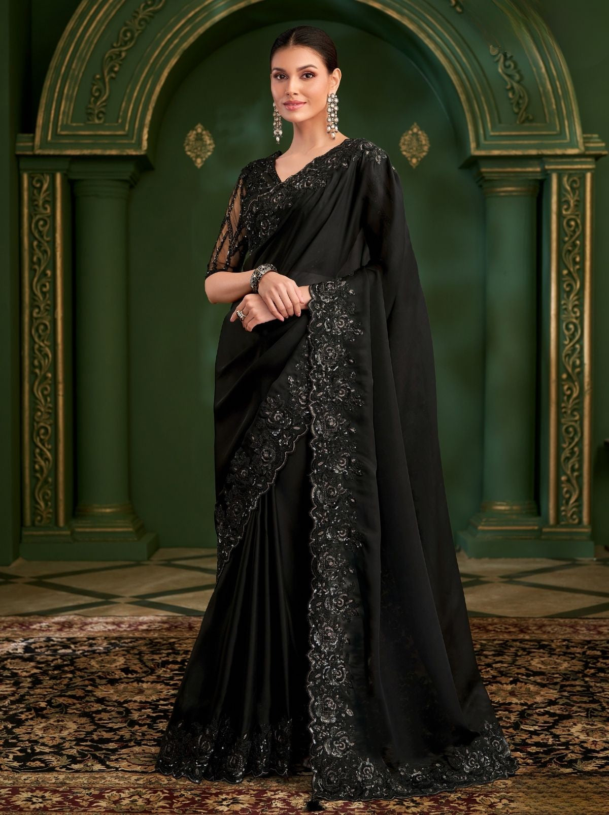 Black Regal Designer Georgette Silk Saree for Brides