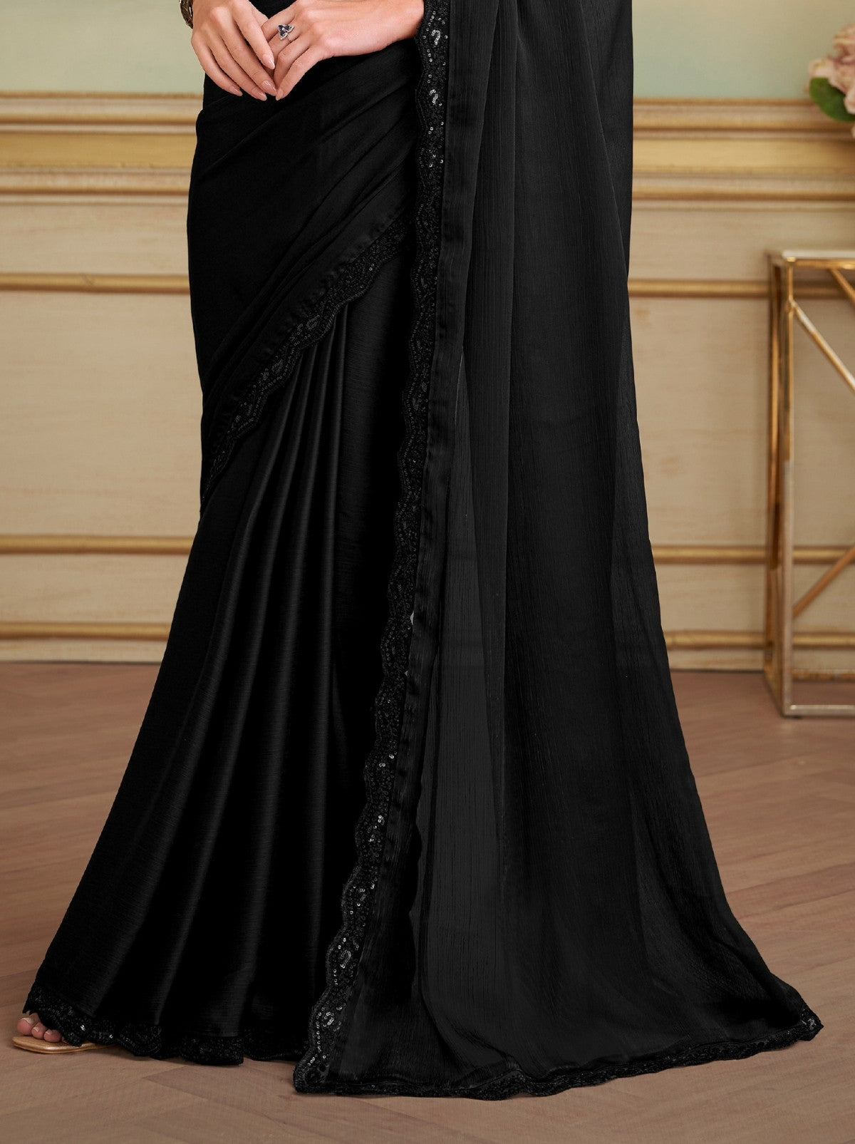 Black Satin Chiffon Silk Saree with Designer Blouse Piece