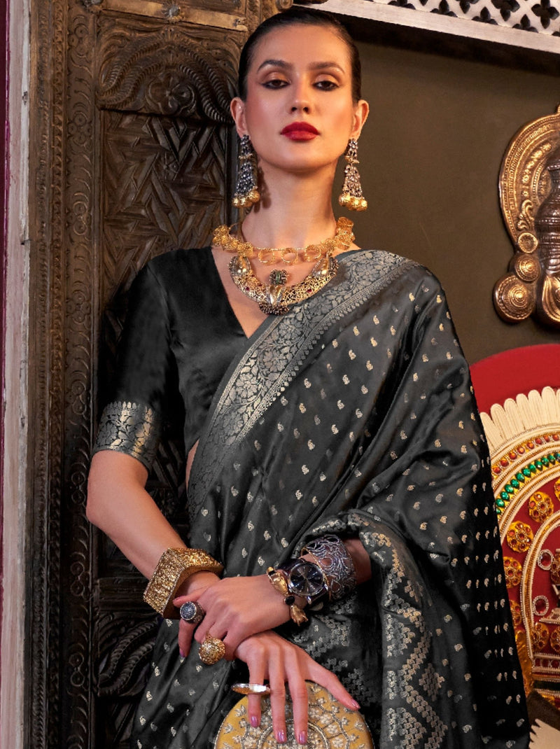 Metal Black Handwoven Satin Silk Designer Saree - TrendOye