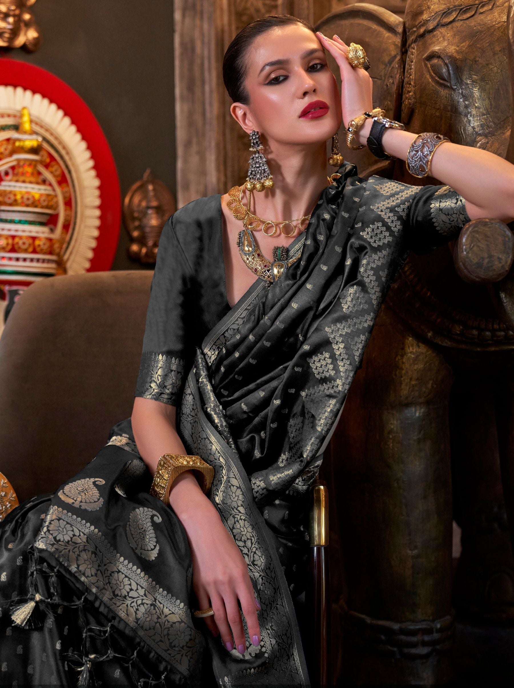 Metal Black Handwoven Satin Silk Designer Saree - TrendOye