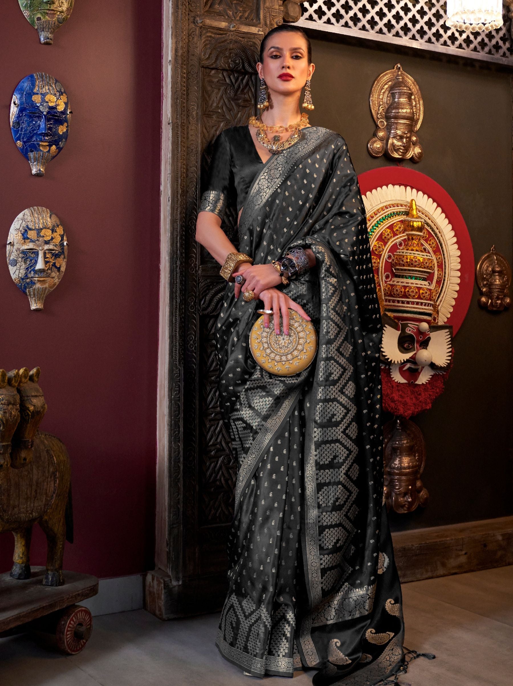 Metal Black Handwoven Satin Silk Designer Saree - TrendOye