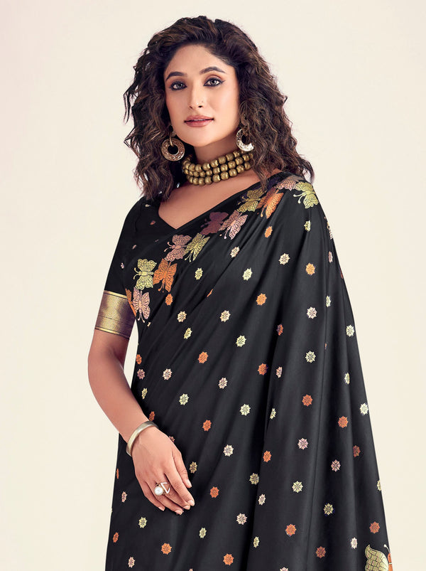 Black Silk Designer Soft Silk Saree - TrendOye