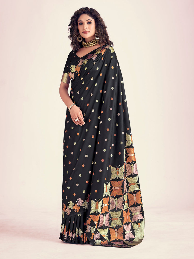 Black Silk Designer Soft Silk Saree - TrendOye