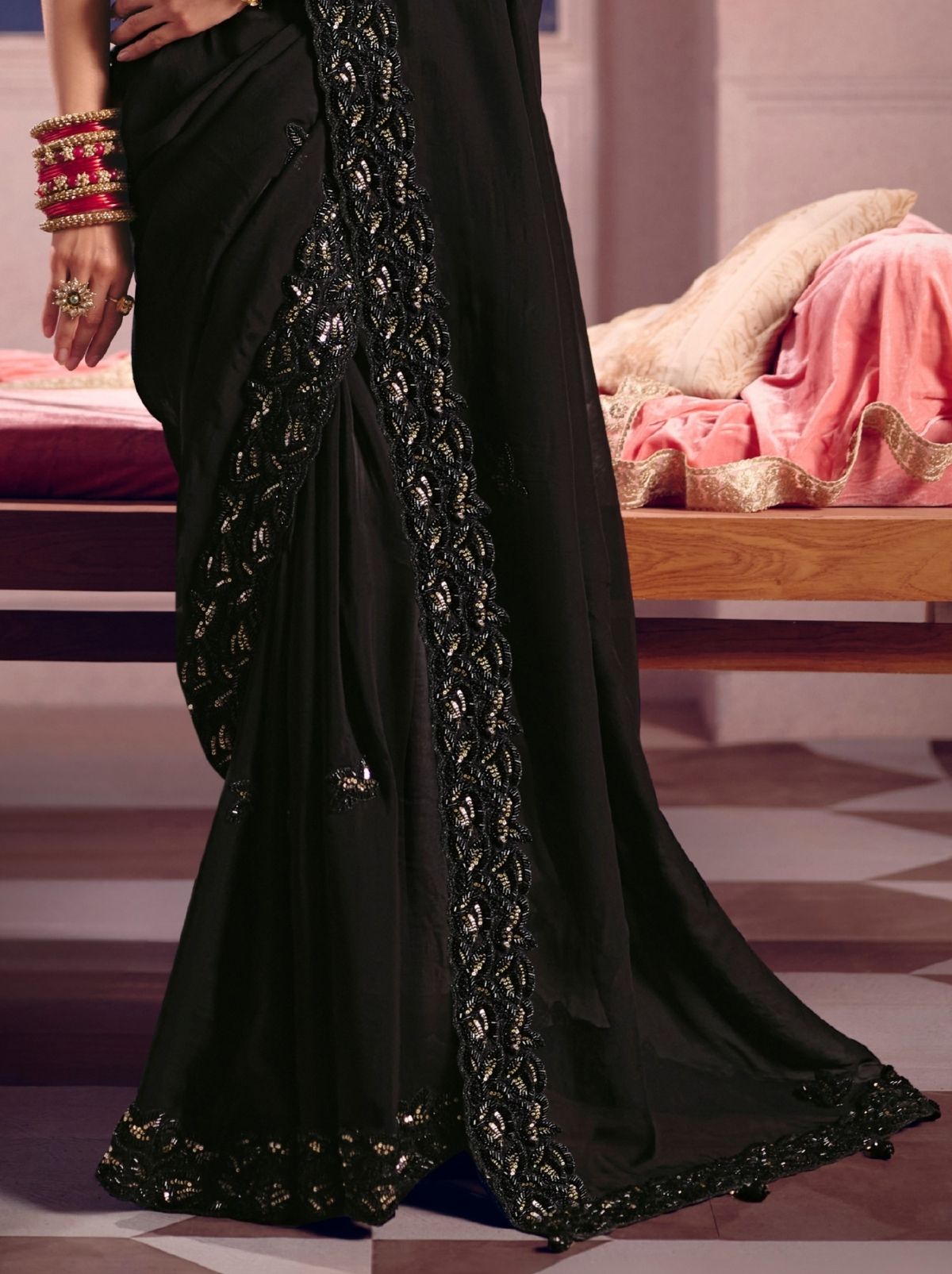 Black Tissue Silk Saree with Luxurious Zari & Embroidered Border