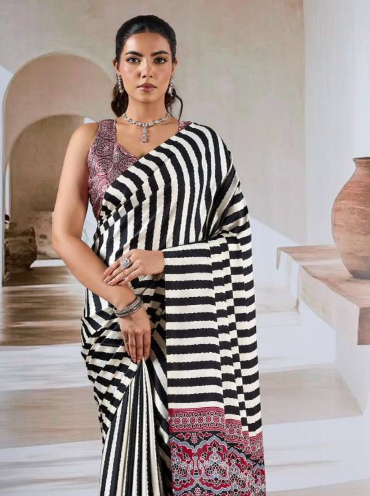Black Trendy Striped Ajrakh Print Saree With Blouse Piece - TrendOye