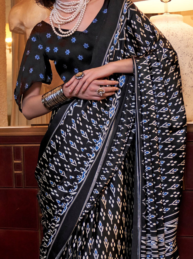 Charcoal Black Satin Crepe Patola Party Saree