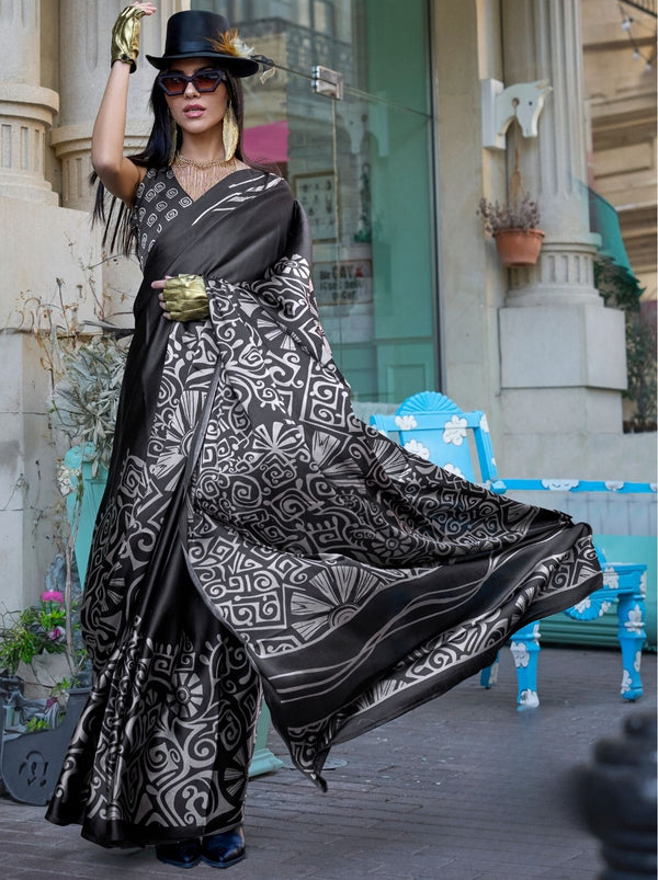 Black White Premium Satin Designer Saree - TrendOye