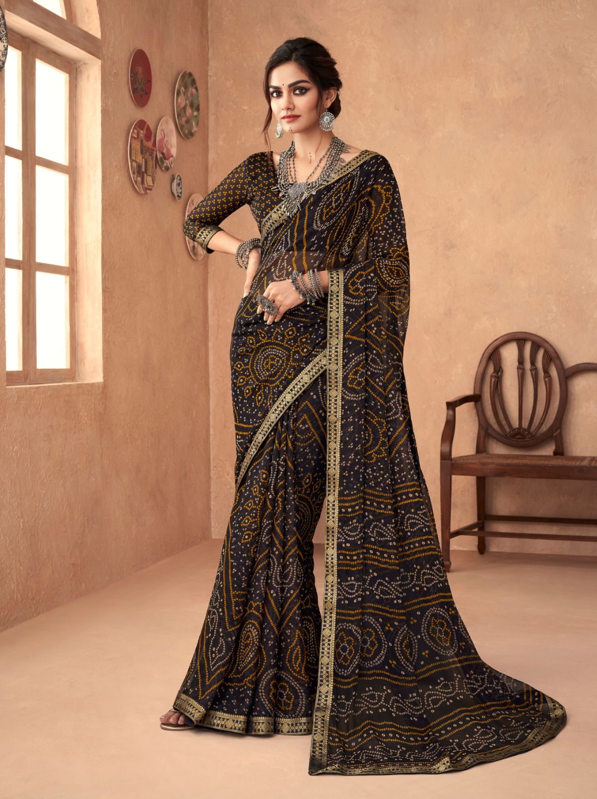 Black Fine Chiffon Bandhani Saree - TrendOye