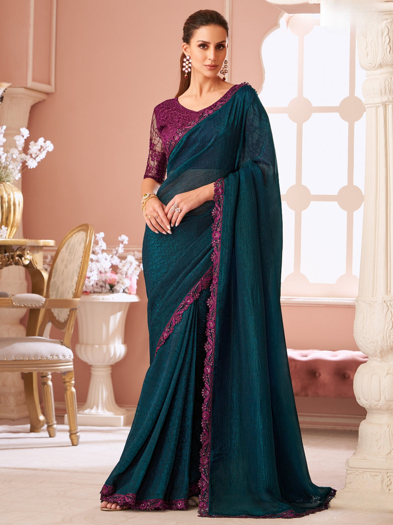 Prussian Blue Premium Designer Party Saree