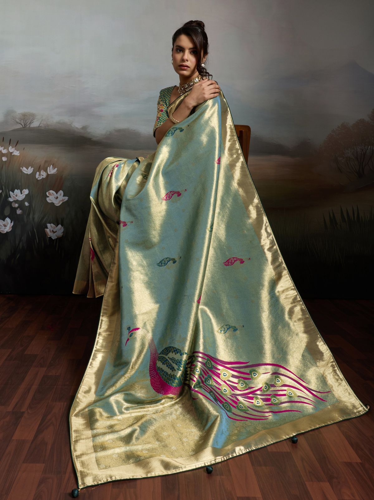 Sky Blue Banarasi Silk Festive Saree With Embroidery Work
