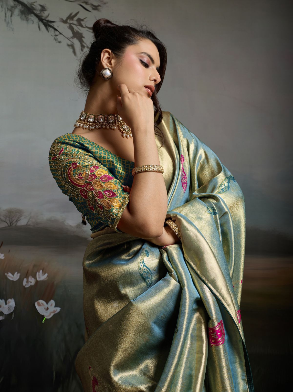Sky Blue Banarasi Silk Festive Saree With Embroidery Work