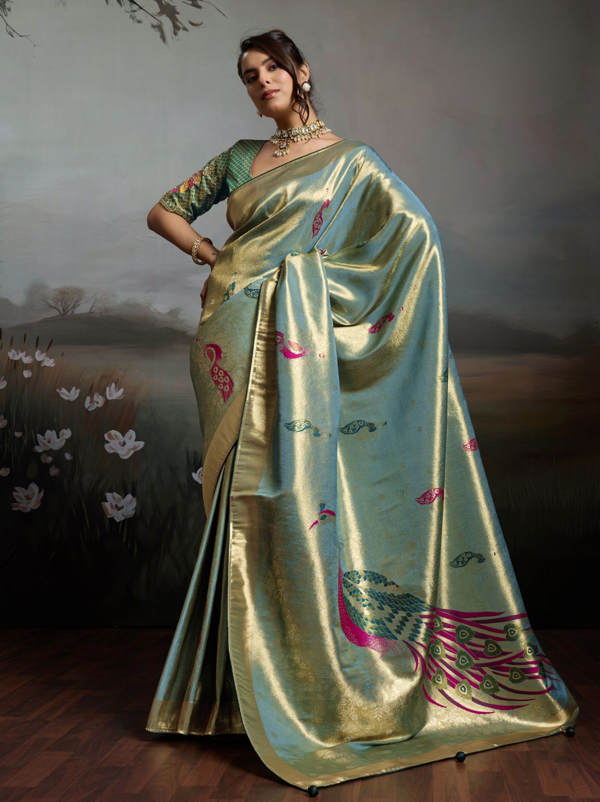 Sky Blue Banarasi Silk Festive Saree With Embroidery Work