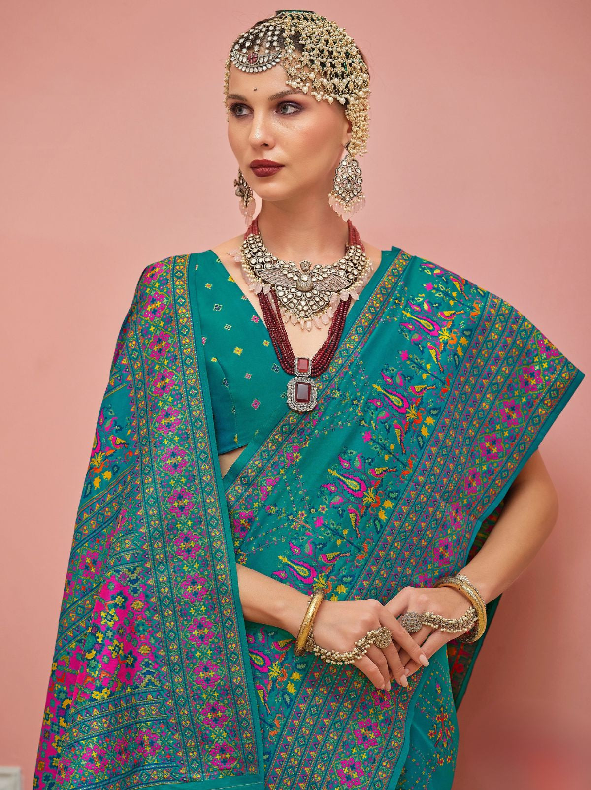 Teal Blue Banarasi Silk Saree With Meenakari Work