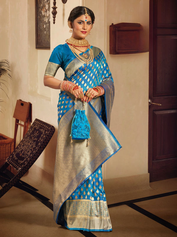 Sapphire Blue Premium Banarasi Designer Saree - TrendOye