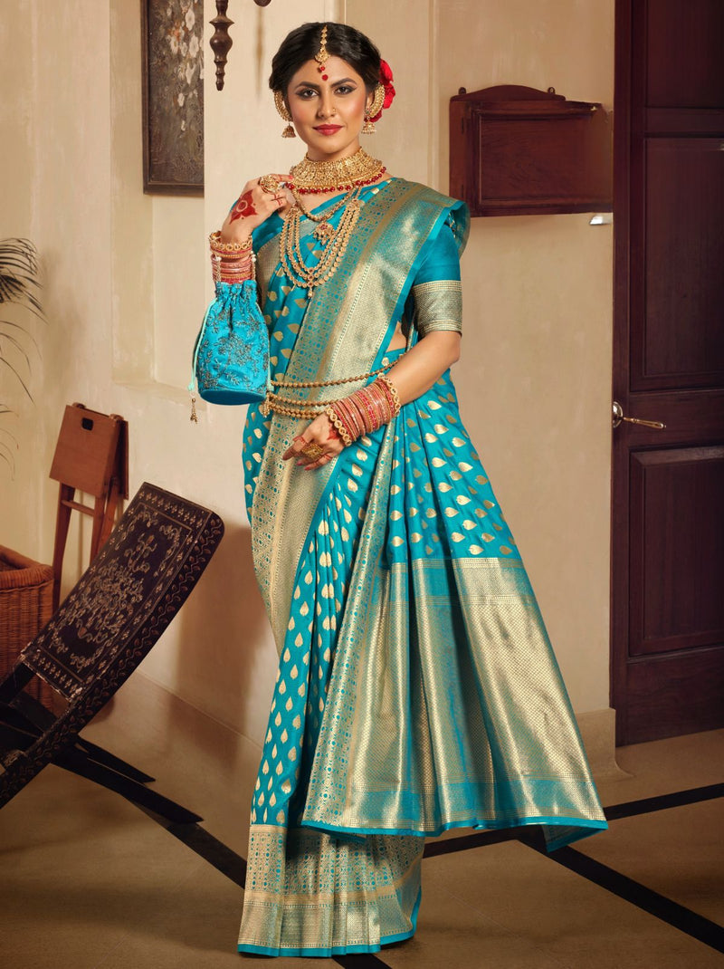 Olympic Blue Premium Banarasi Designer Saree - TrendOye