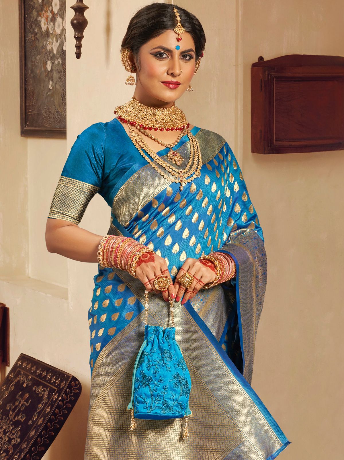 Sapphire Blue Premium Banarasi Designer Saree - TrendOye