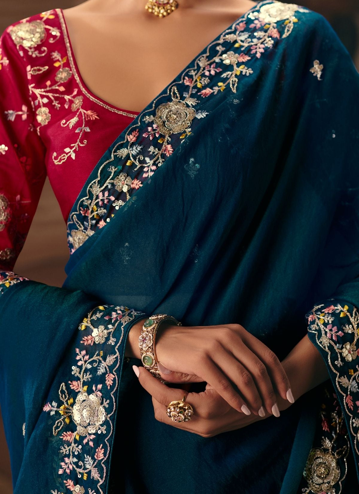 Prussian Blue Celebration Fancy Saree With Premium Blouse Piece - TrendOye