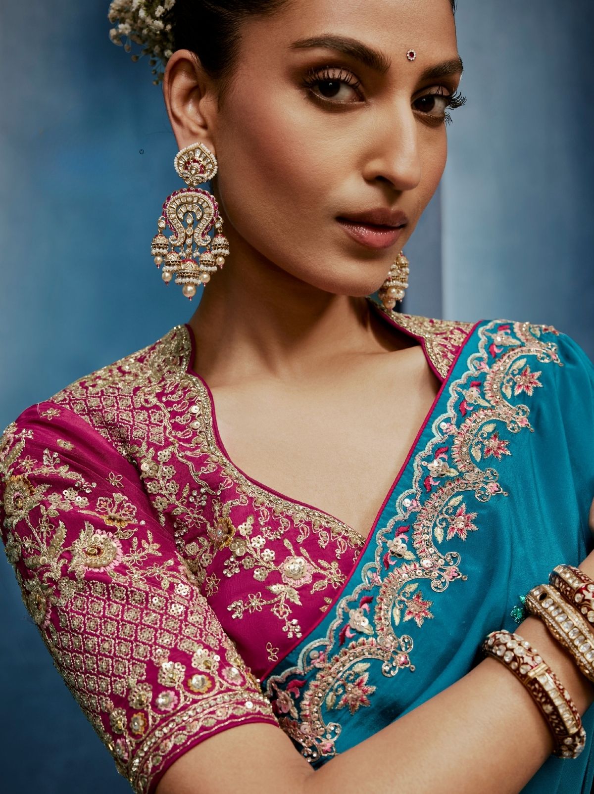 Azure Blue Celebration Fancy Saree With Premium Blouse - TrendOye