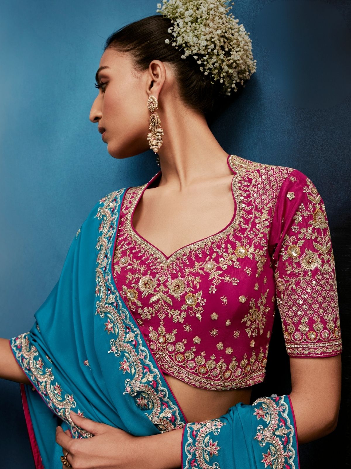 Azure Blue Celebration Fancy Saree With Premium Blouse - TrendOye