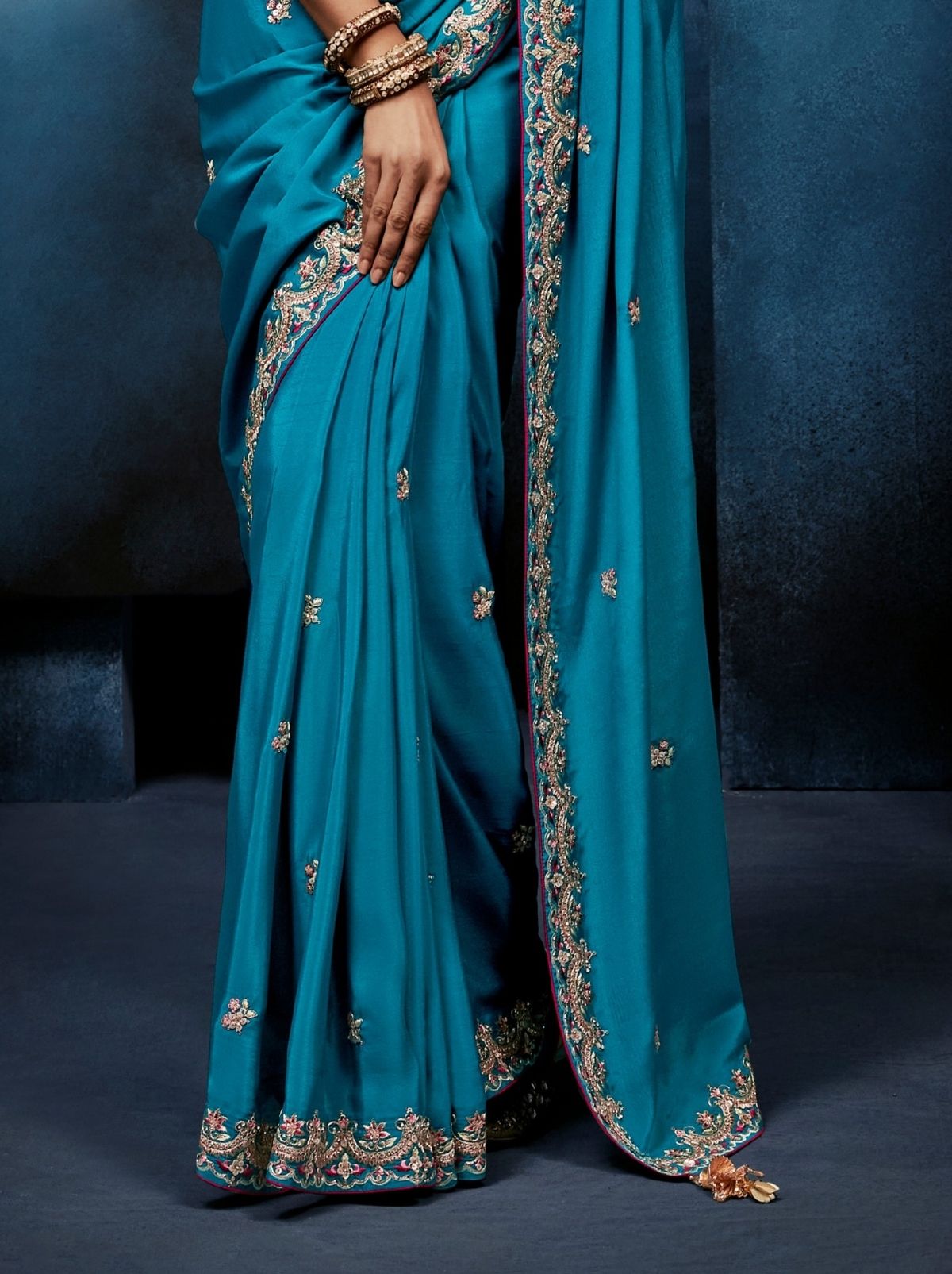 Azure Blue Celebration Fancy Saree With Premium Blouse - TrendOye