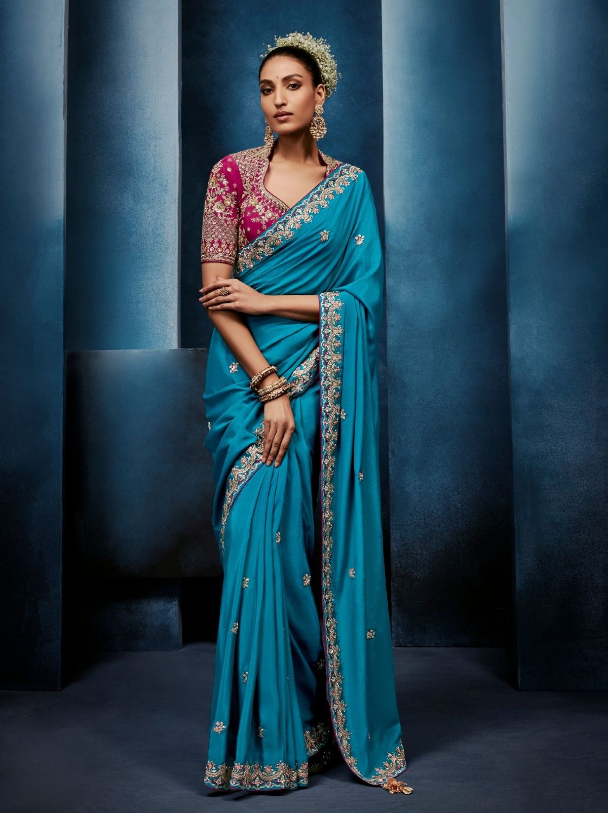 Azure Blue Celebration Fancy Saree With Premium Blouse - TrendOye