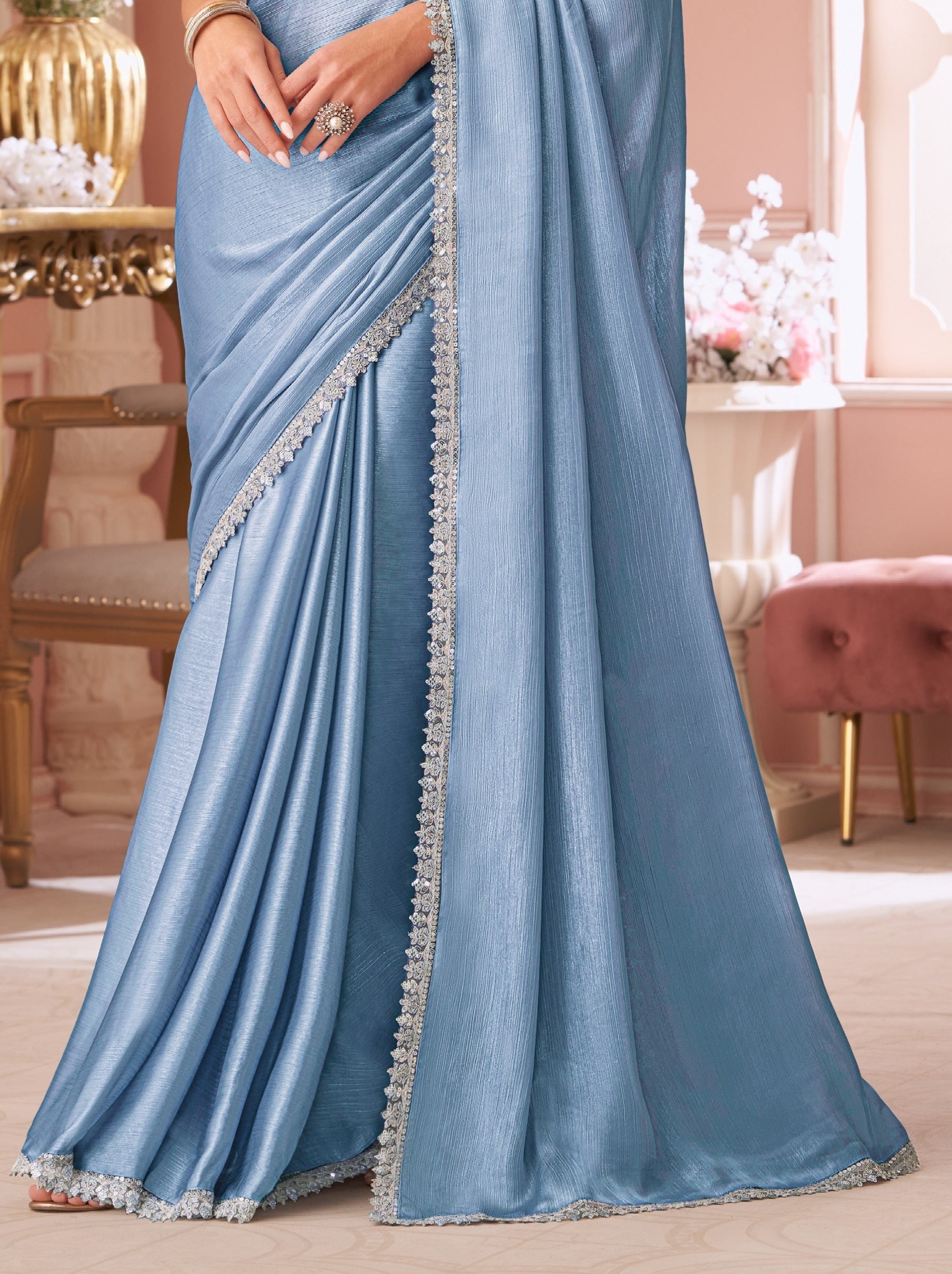Carolina Blue Premium Designer Party Saree - TrendOye