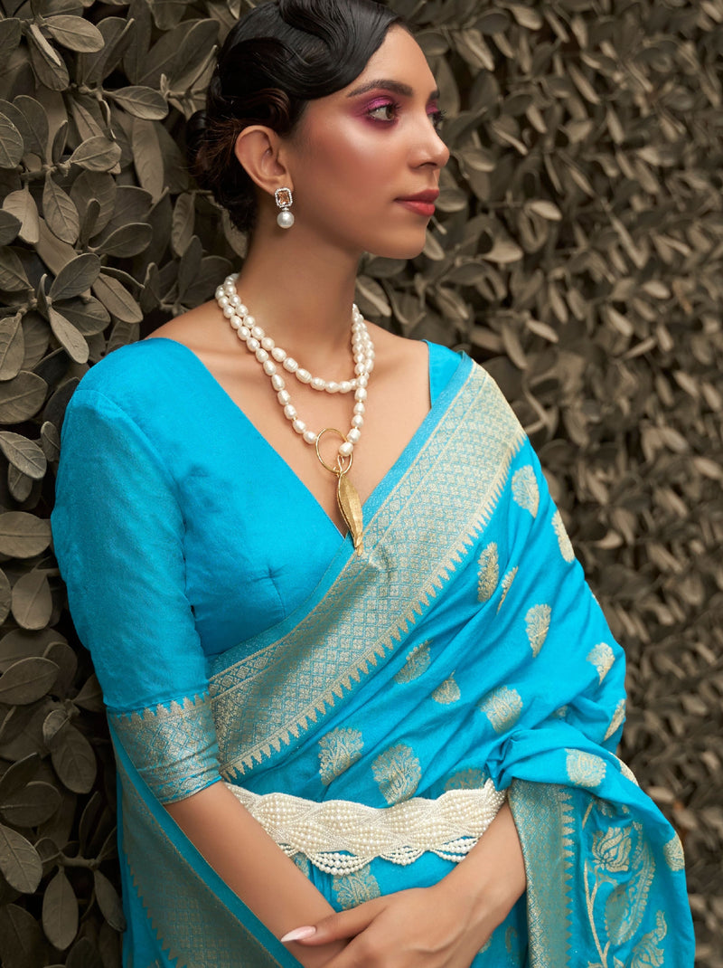 Turquoise Blue Designer Chinon Silk Saree - TrendOye
