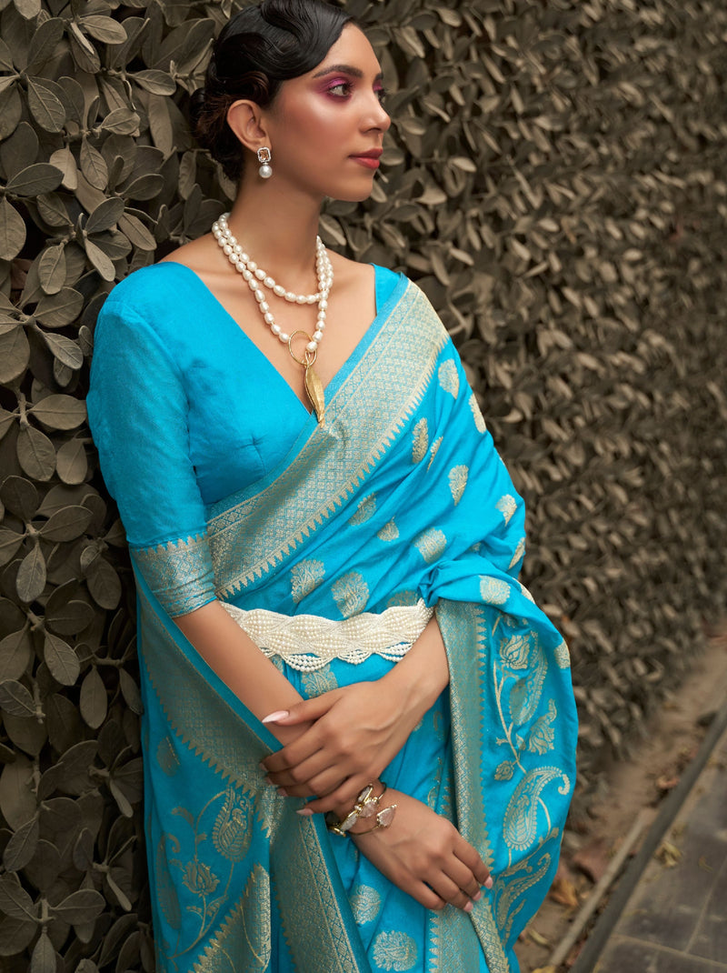 Turquoise Blue Designer Chinon Silk Saree - TrendOye