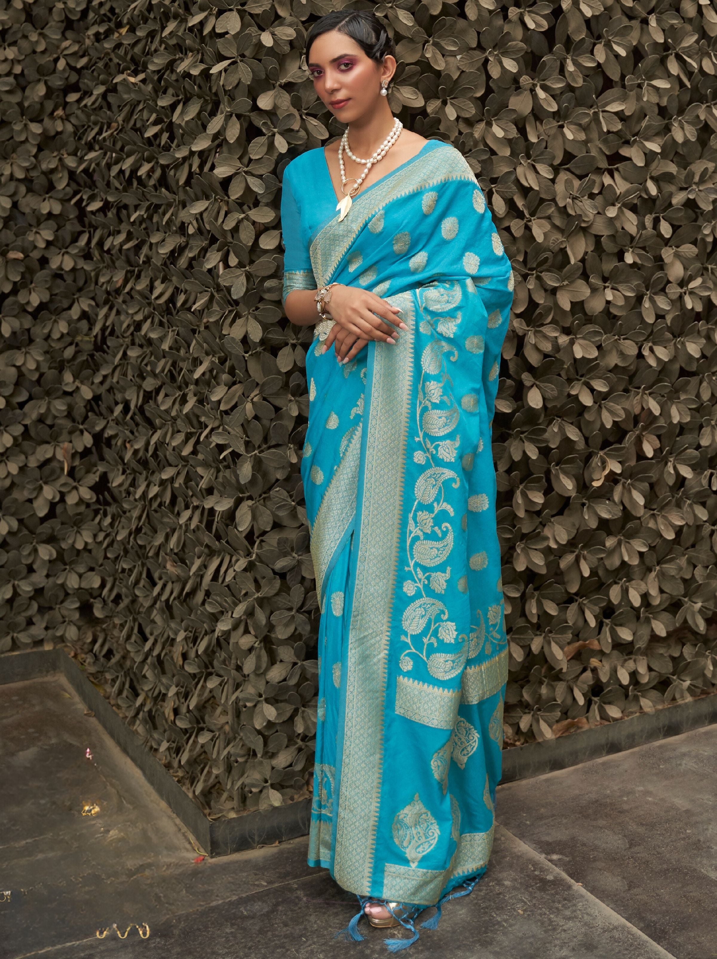 Turquoise Blue Designer Chinon Silk Saree - TrendOye