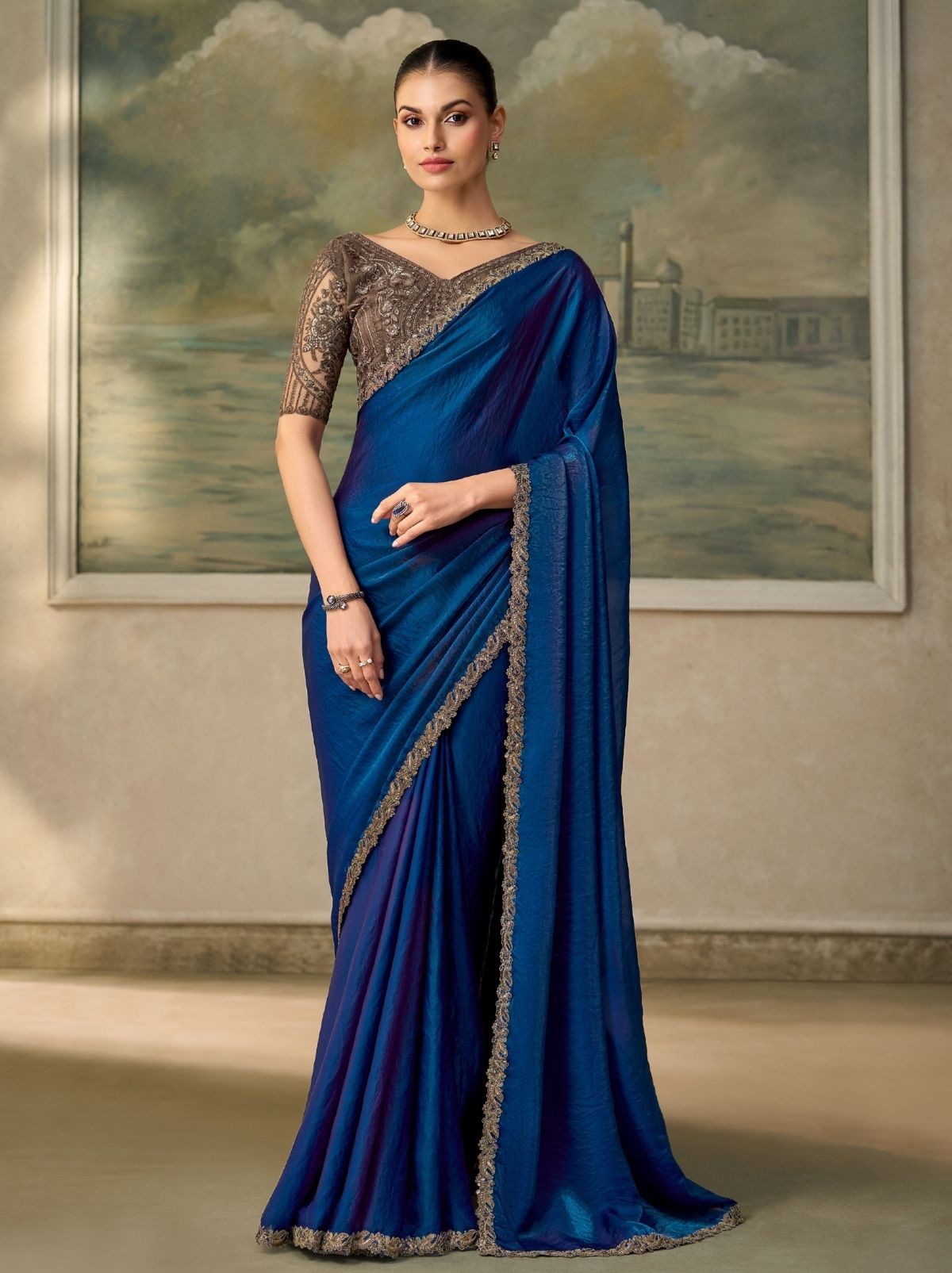 Royal Blue Couture Sequin Saree with Zari Artistry