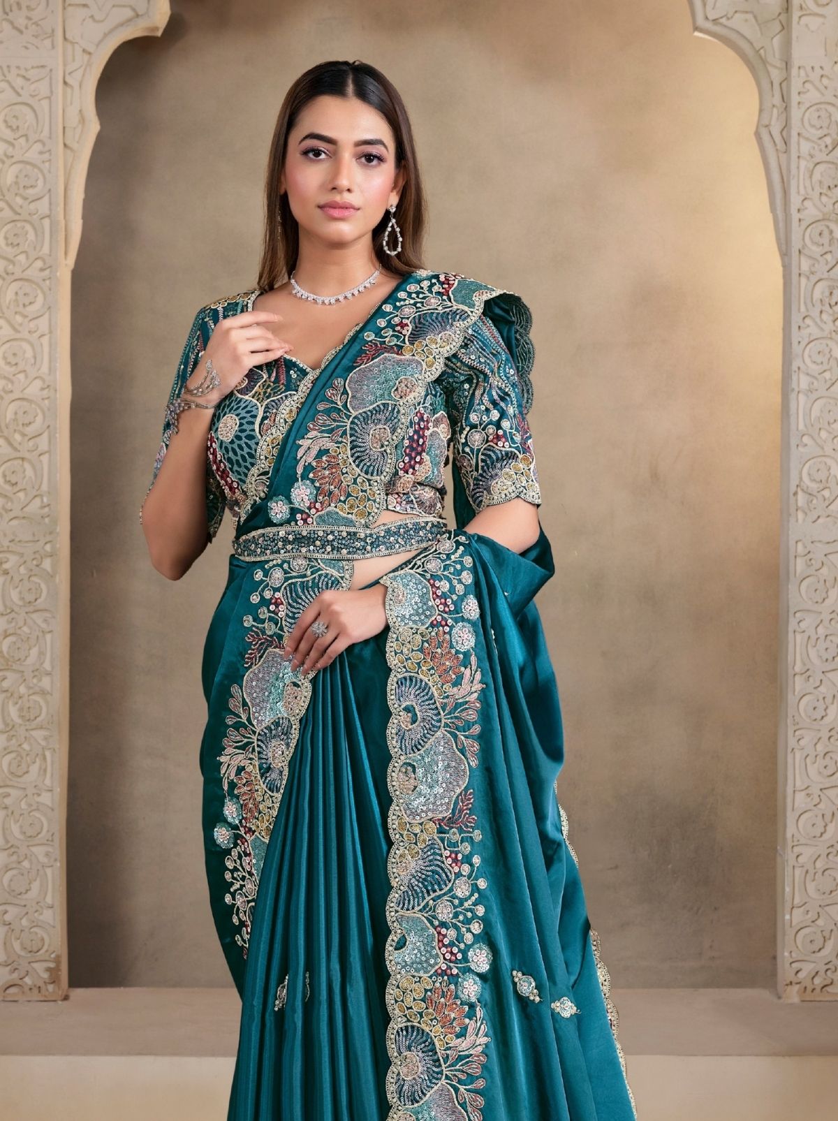 Teal Blue Crush Satin Silk Saree With Pearl Work