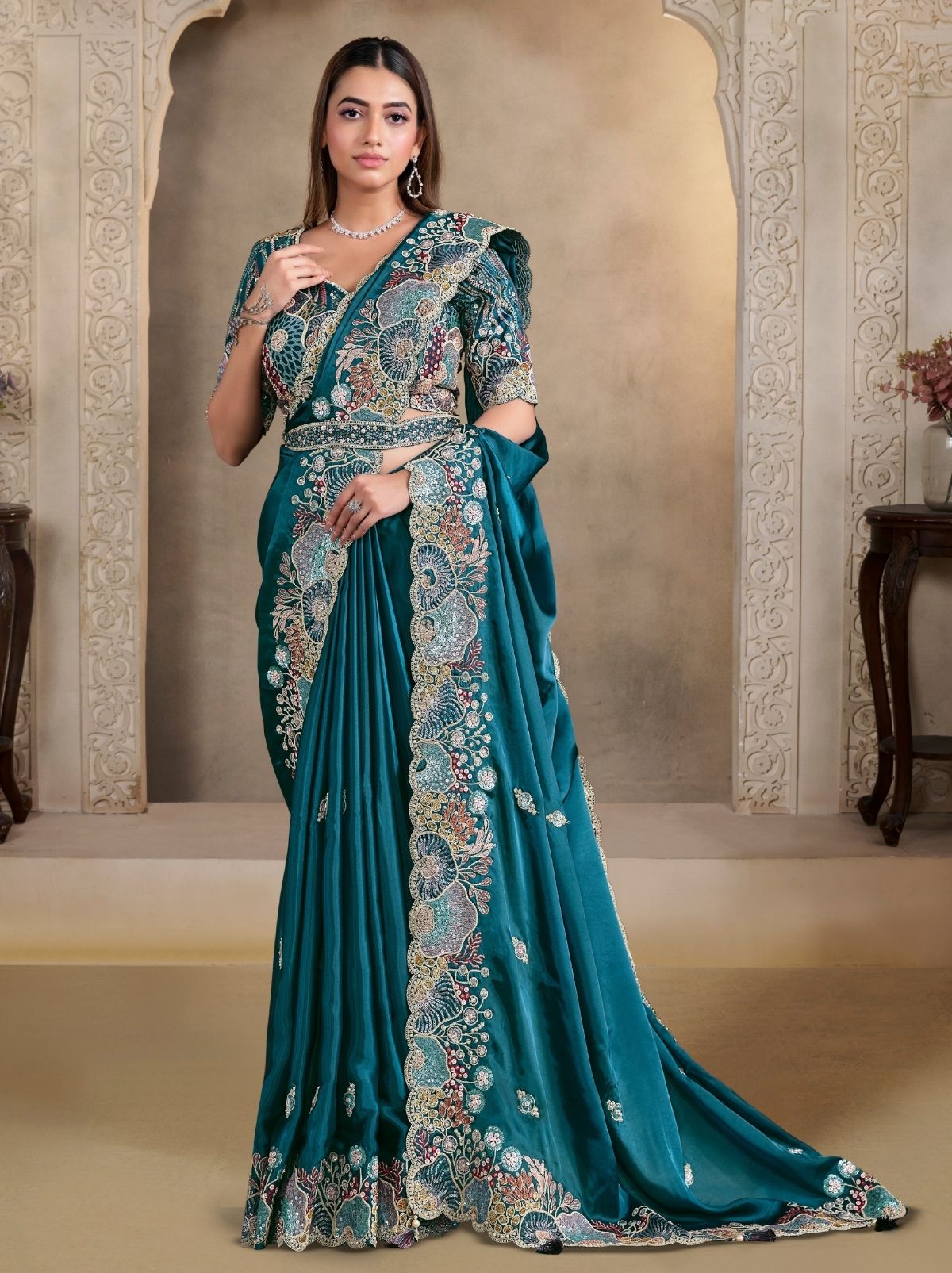Teal Blue Crush Satin Silk Saree With Pearl Work