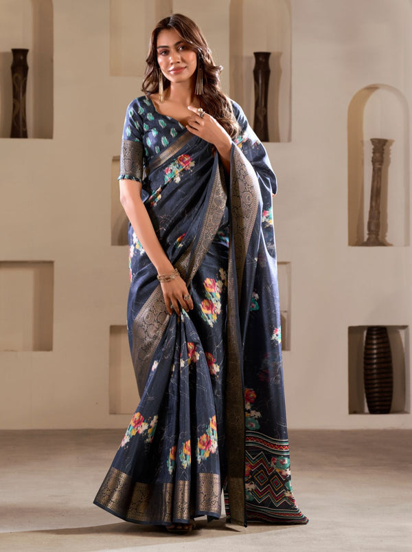 Denim Blue Premium Dola Silk Designer Saree - TrendOye