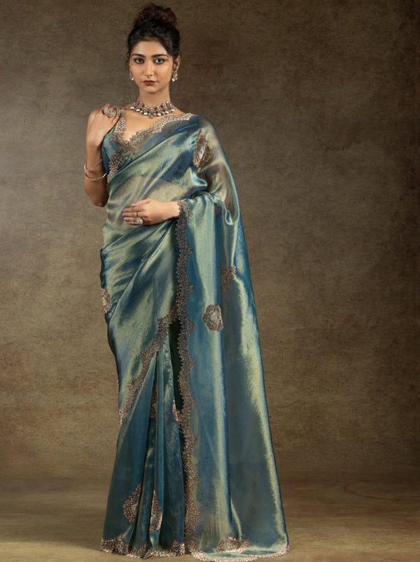 Yale Blue Designer Banarasi Silk Saree With Zircon Work