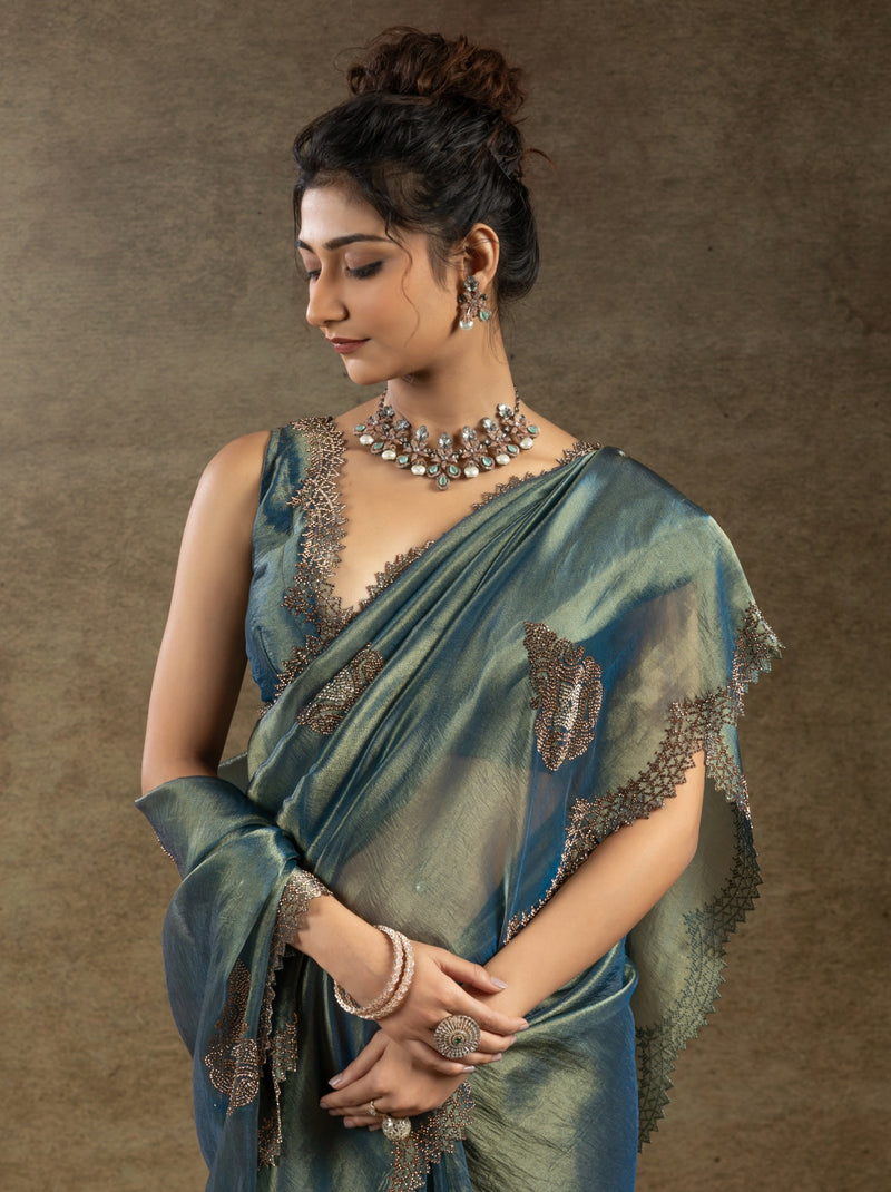 Yale Blue Designer Banarasi Silk Saree With Zircon Work