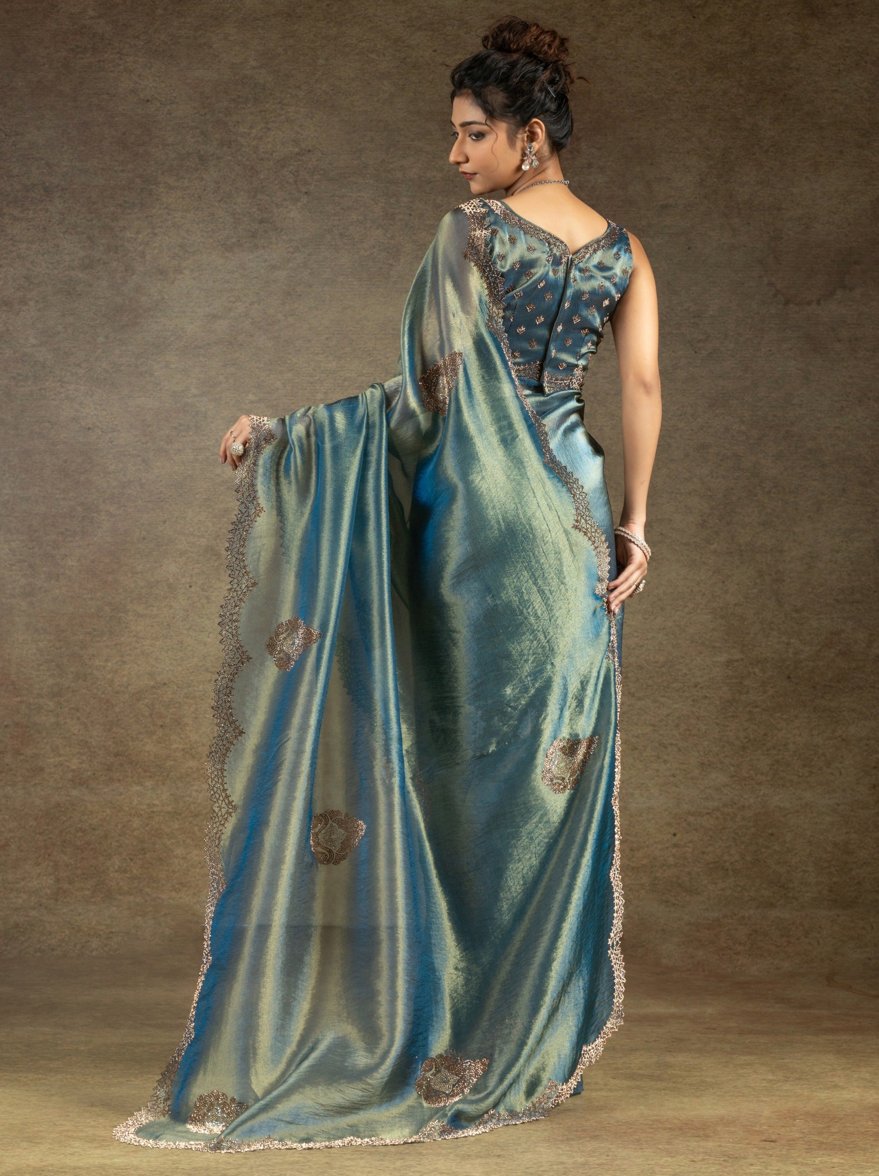 Yale Blue Designer Banarasi Silk Saree With Zircon Work