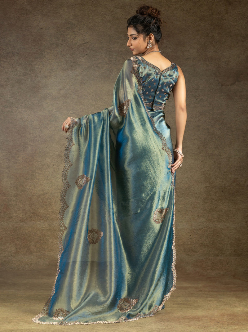 Yale Blue Designer Banarasi Silk Saree With Zircon Work