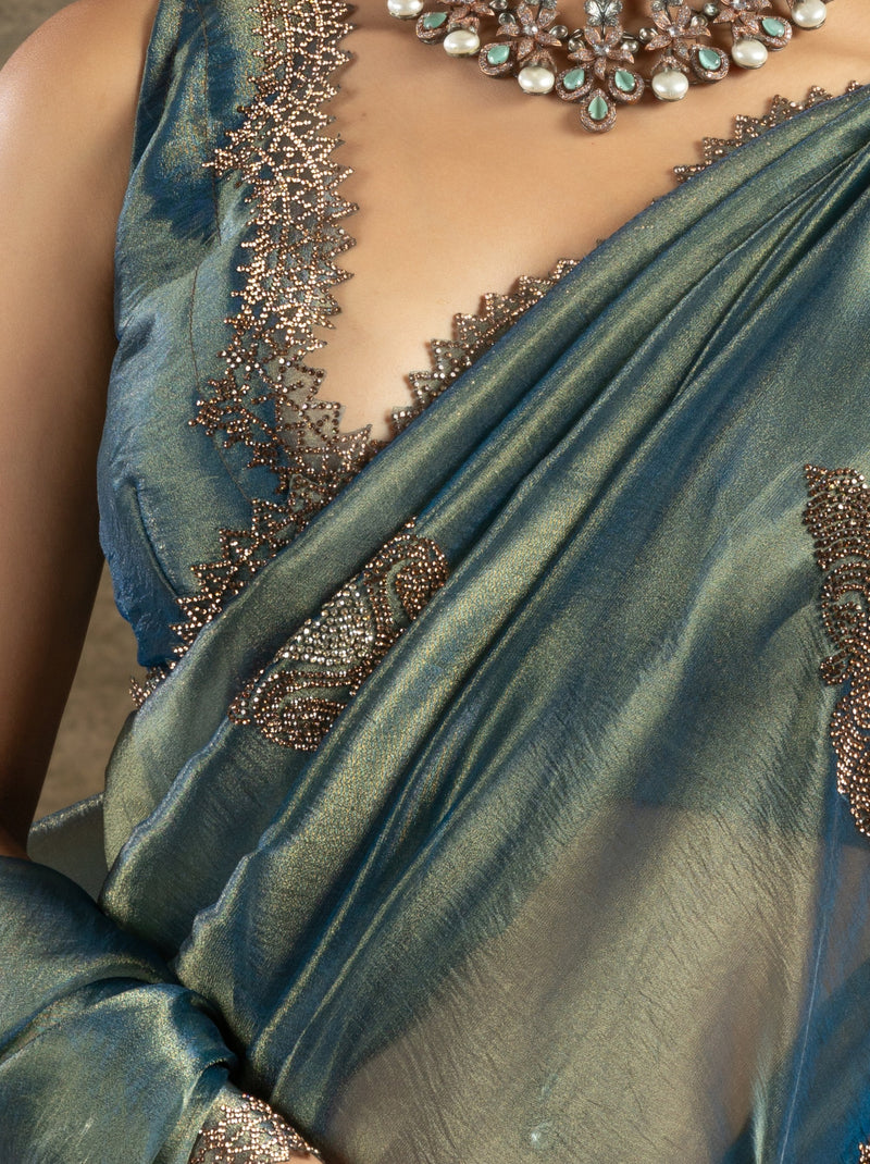Yale Blue Designer Banarasi Silk Saree With Zircon Work