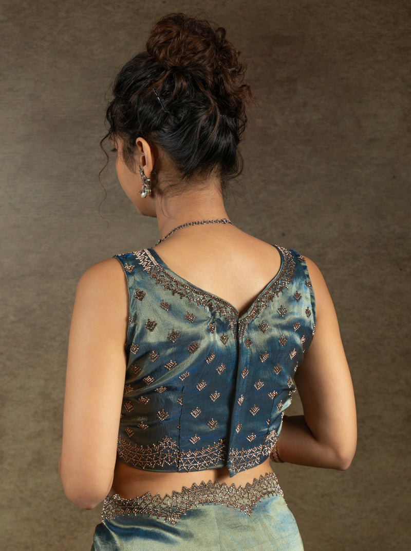 Yale Blue Designer Banarasi Silk Saree With Zircon Work