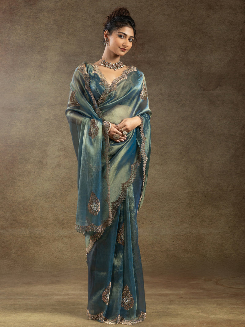 Yale Blue Designer Banarasi Silk Saree With Zircon Work