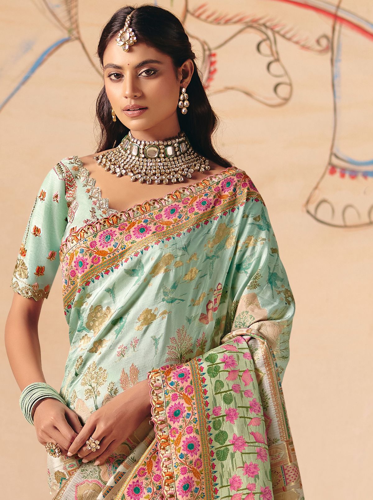 Powder Blue Designer Dola Silk Saree with Embroidery
