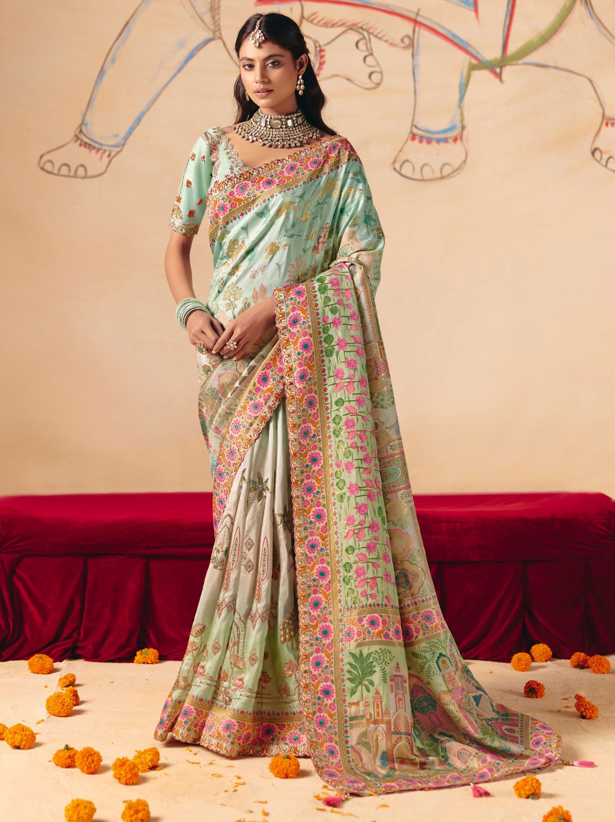 Powder Blue Designer Dola Silk Saree with Embroidery